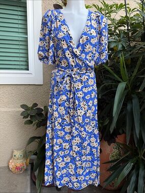 Ann Taylor Blue Floral Wrap Maxi Rayon Dress with Beige and Black Accents